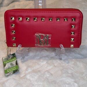 Badgley Mishcka Red Studded zip around Vegan Leather Wallet